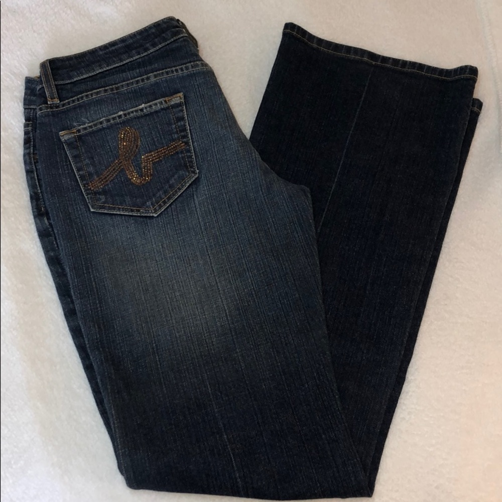 Vintage BEBE jeans w/ rhinestone b & crease stripe